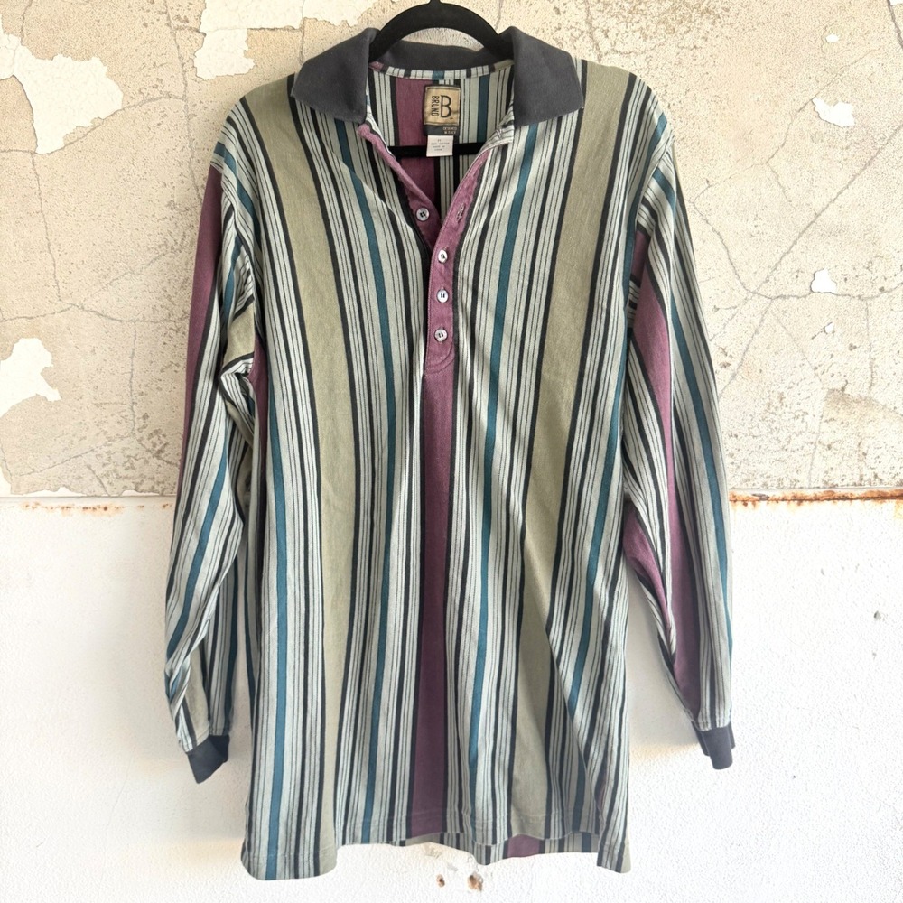 Vintage 90s Polo Shirt Vertical Stripe Long Sleeve Cotton Retro Rugby Top Mens M